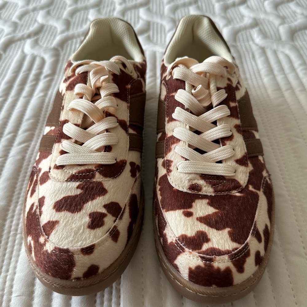 New- Lucky Step Brown and Cream Cow Print Sneakers.
